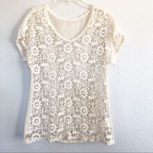 Floral Crochet Cream Sheer Top Sz Small